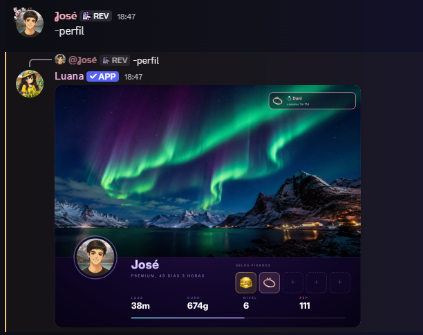 Card de perfil da Luana no Discord, com fundo personalizado, nível, Luas e selos