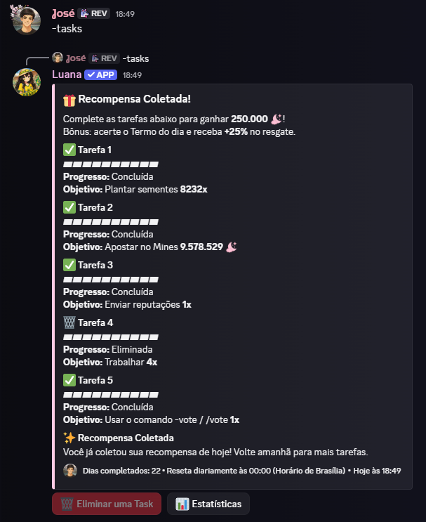 Painel de tarefas diárias da Luana no Discord, com progresso, objetivos e recompensa coletada